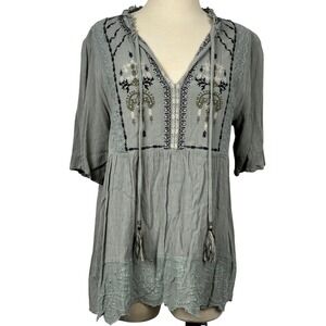 Artesia Women's L Sage Green Embroidered Boho Tunic Peasant Top Rayon